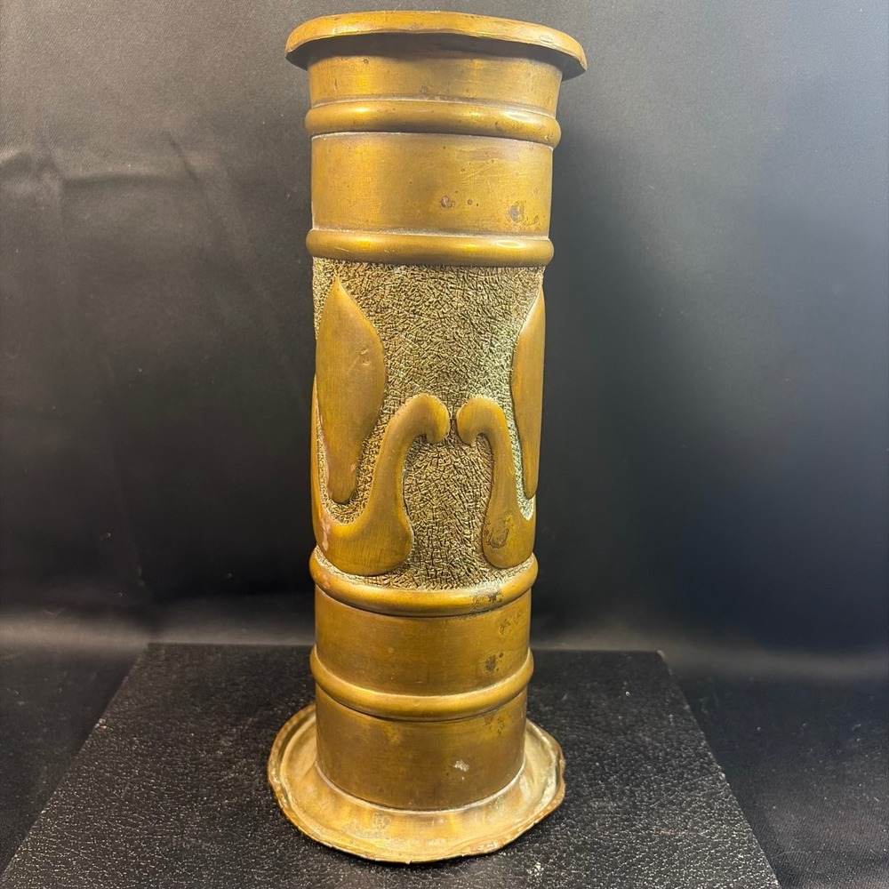 Antique Art Nouveau WWI Trench Art Brass Shell Casing Vase Floral Repousse 9.25"